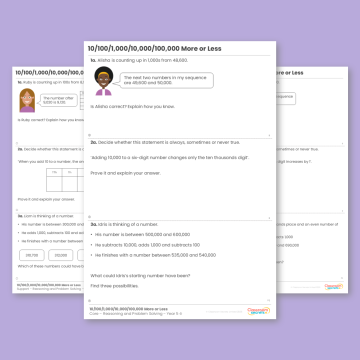 Year 5 10/100/1,000/10,000/100,000 More or Less Place Value Reasoning and Problem Solving