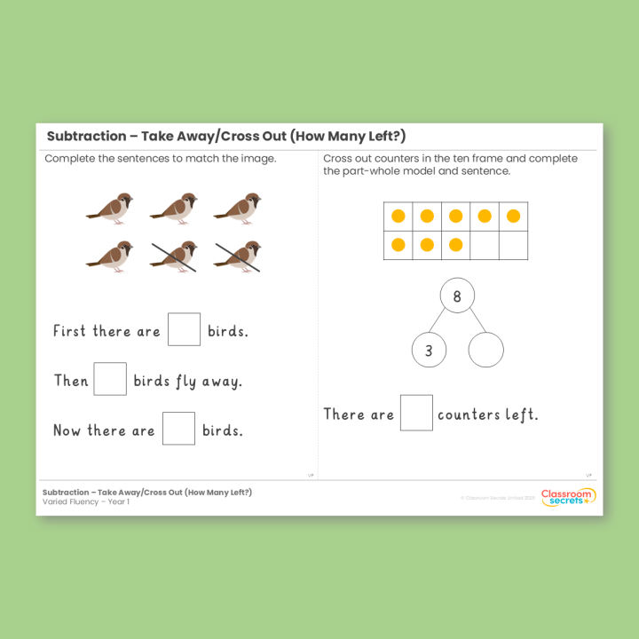 Year 1 Subtraction - Take Away/Cross Out (How Many Left?) Addition and Subtraction (within 10) Varied Fluency