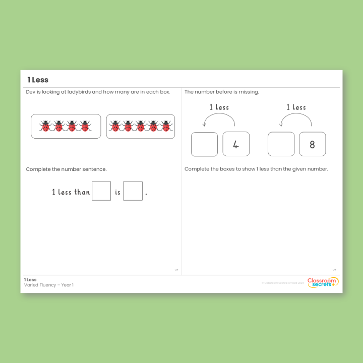 Year 1 1 Less Place Value (within 10) Varied Fluency