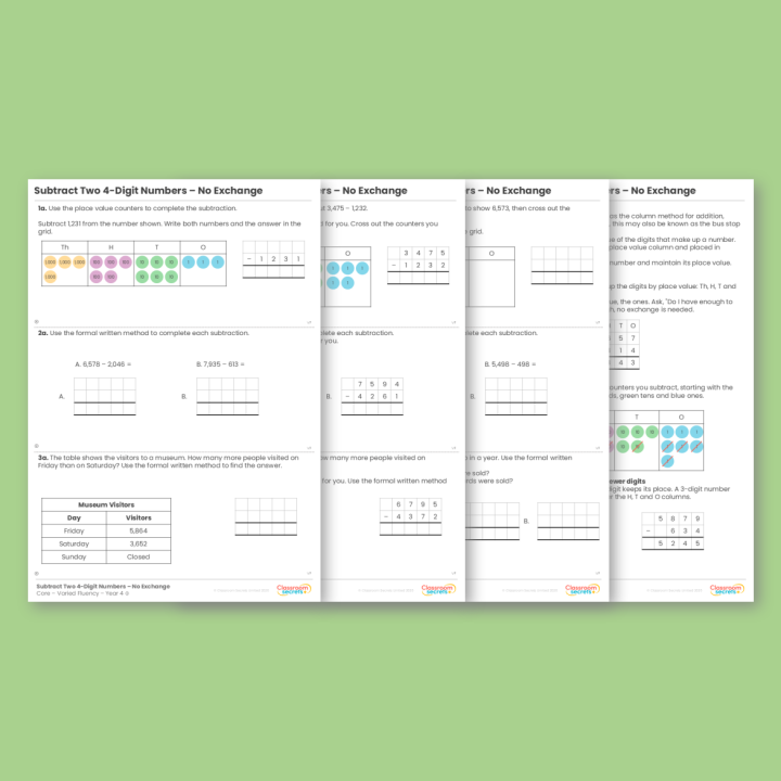 Year 4 Subtract Two 4-Digit Numbers - No Exchange Addition and Subtraction Varied Fluency
