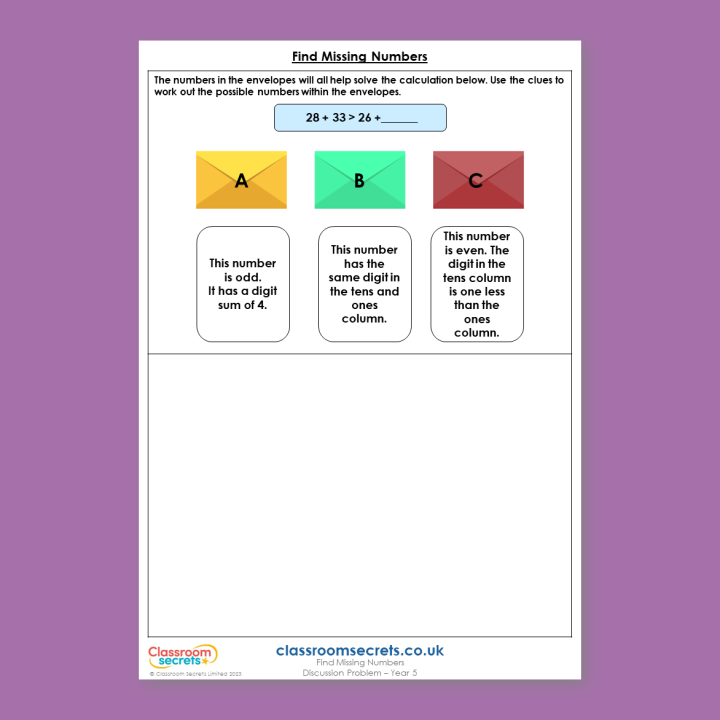 Year 5 Find Missing Numbers Addition and Subtraction Deeper Reasoning Discussion Problem