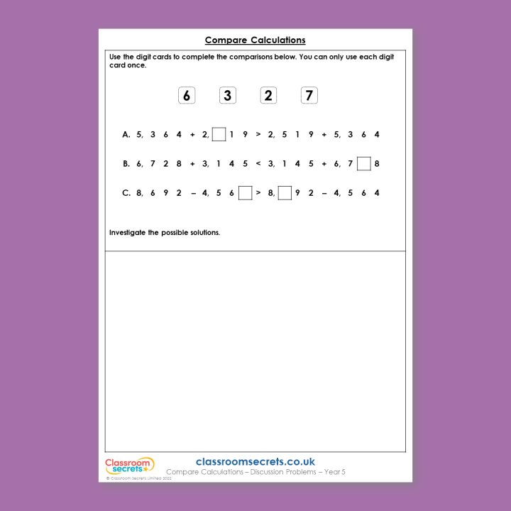 Year 5 Compare Calculations Addition and Subtraction Deeper Reasoning Discussion Problem
