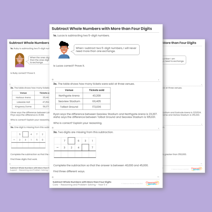 Year 5 Subtract Whole Numbers with More than Four Digits Reasoning and Problem Solving