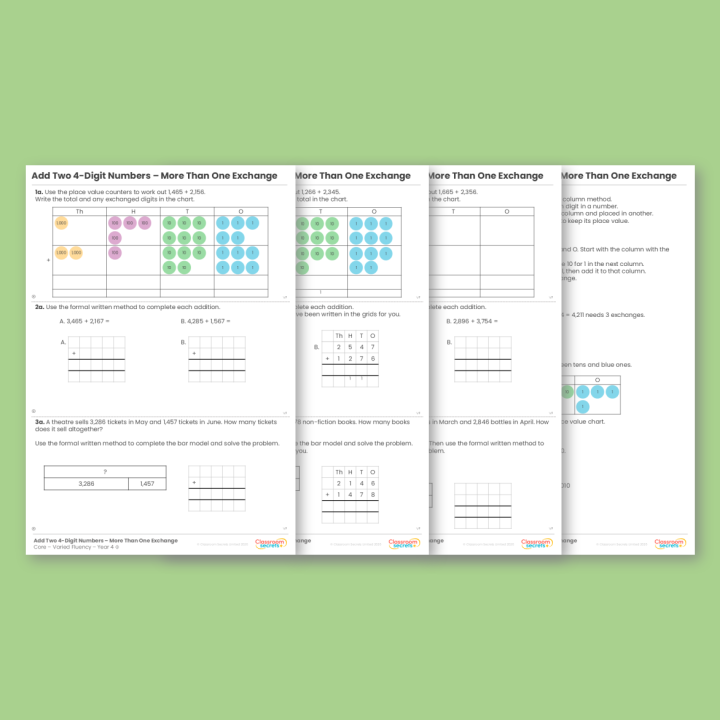 Year 4 Add Two 4-Digit Numbers - More than One Exchange Varied Fluency