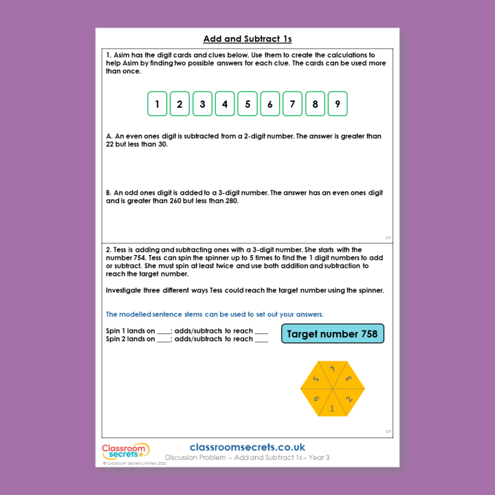 Year 3 Add and Subtract 1s Addition and Subtraction Deeper Reasoning Discussion Problem