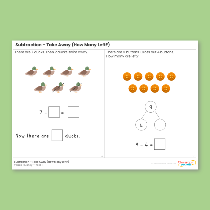 Year 1 Subtraction - Take Away (How Many Left?) Addition and Subtraction (within 10) Varied Fluency