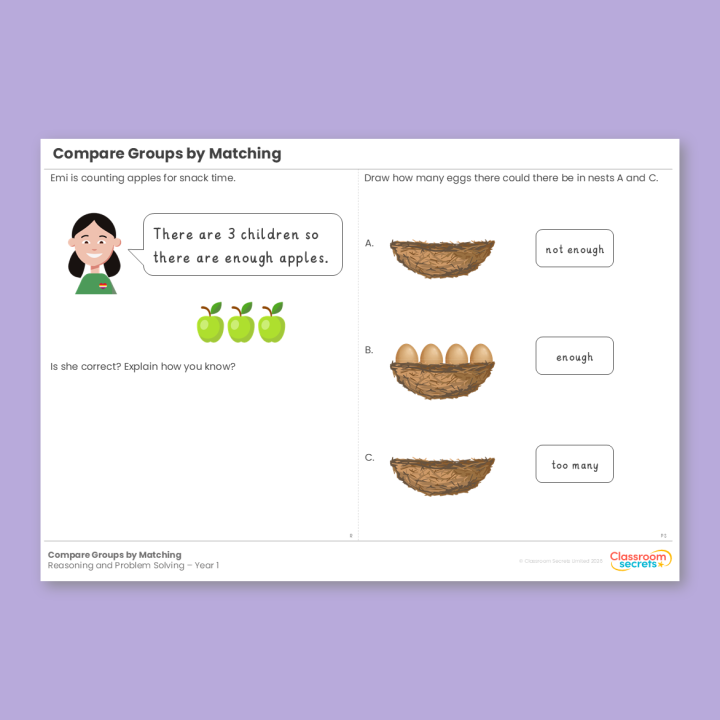 Year 1 Compare Groups by Matching Place Value (within 10) Reasoning and Problem Solving