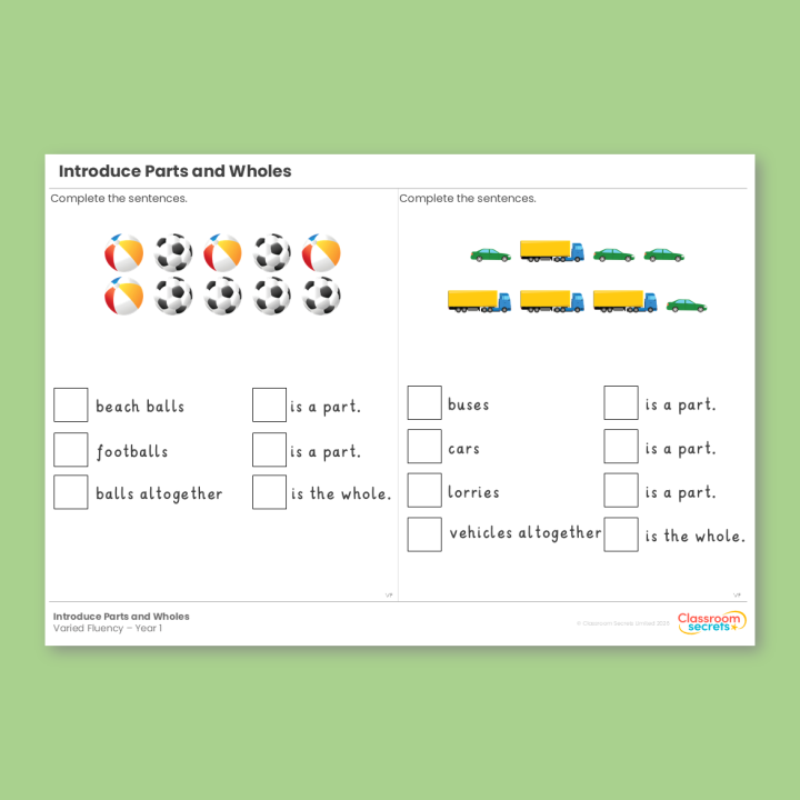 Year 1 Introduce Parts and Wholes Addition and Subtraction (within 10) Varied Fluency