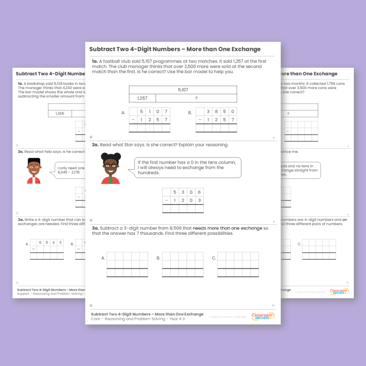 Year 4 Subtract Two 4-Digit Numbers - More than One Exchange Addition and Subtraction, Reasoning and Problem Solving