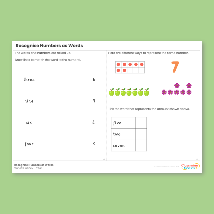 Year 1 Recognise Numbers as Words Place Value (within 10) Varied Fluency