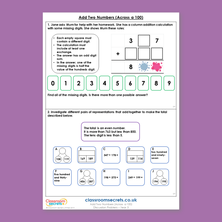 Year 3 Add Two Numbers (across a 100) Addition and Subtraction Deeper Reasoning Discussion Problem