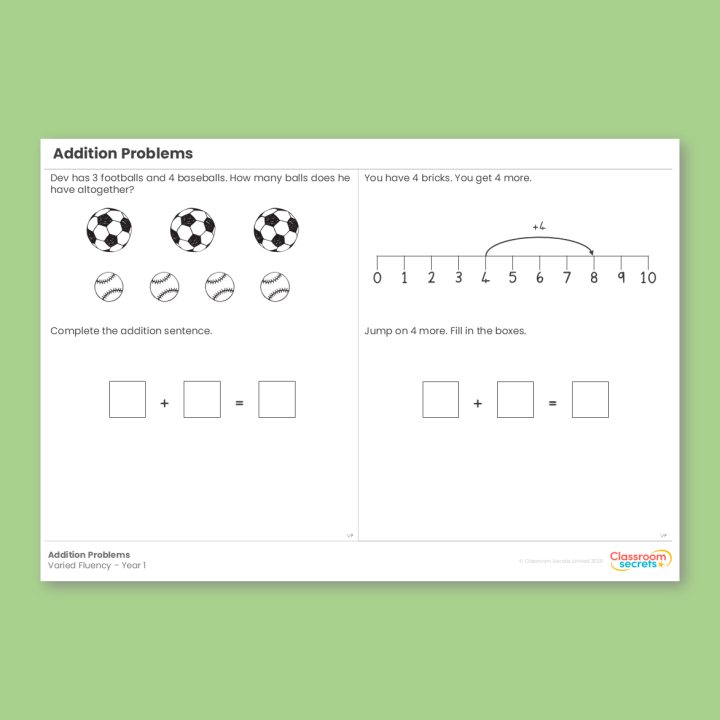 Year 1 Addition Problems Addition and Subtraction (within 10) Varied Fluency