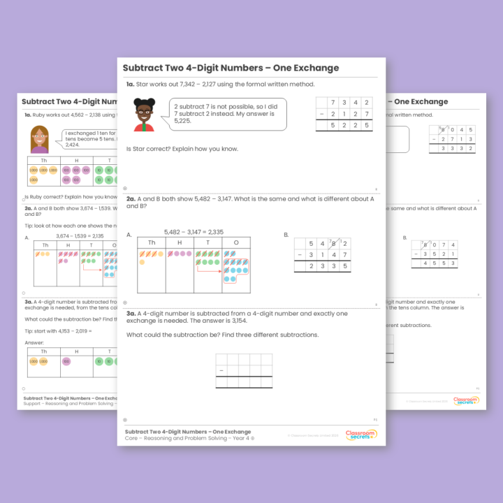 Year 4 Subtract Two 4-Digit Numbers - One Exchange Addition and Subtraction Reasoning and Problem Solving