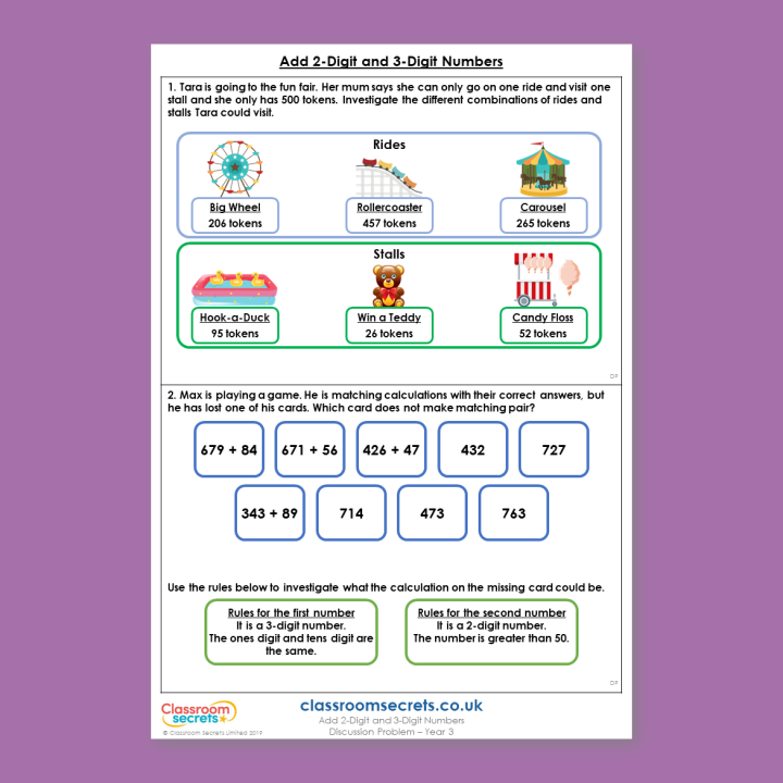 Year 3 Add 2-Digit and 3-Digit Numbers Addition and Subtraction Deeper Reasoning Discussion Problem