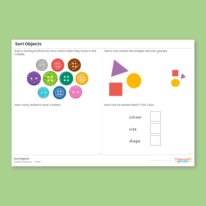 Year 1 Sort Objects Place Value (within 10) Varied Fluency