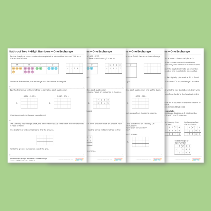 Year 4 Subtract Two 4-Digit Numbers - One Exchange Addition and Subtraction Varied Fluency