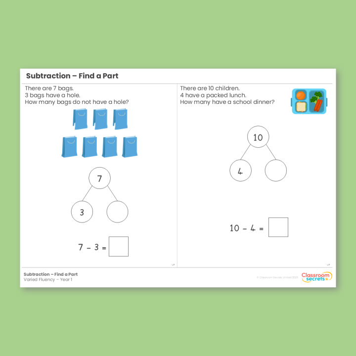 Year 1 Subtraction - Find a Part Addition and Subtraction (within 10) Varied Fluency