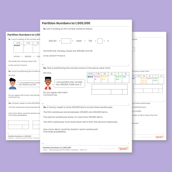 Year 5 Partition Numbers to 1,000,000 Place Value Reasoning and Problem Solving