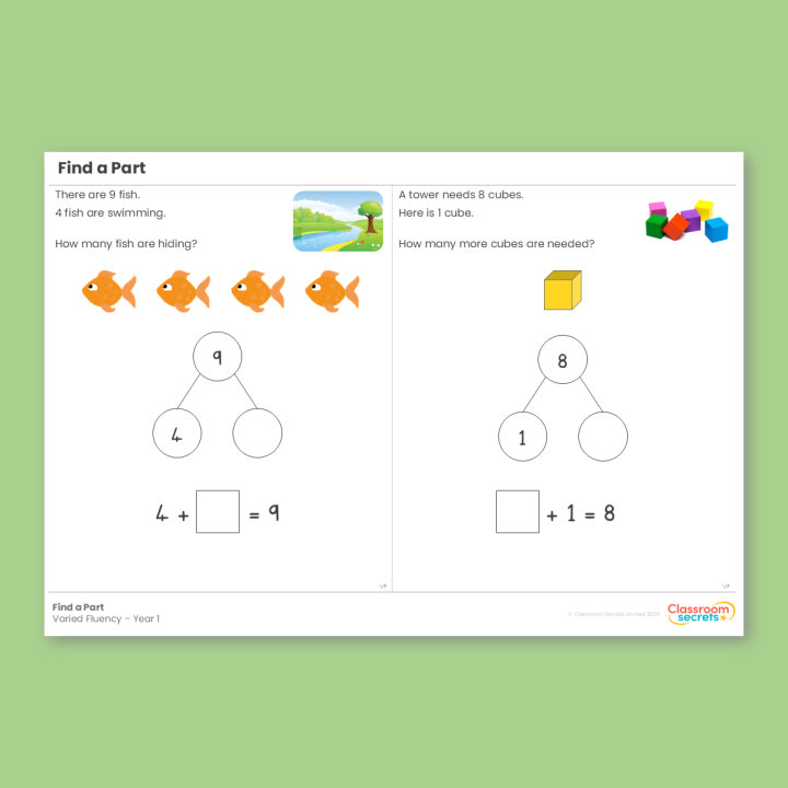 Year 1 Find a Part Addition and Subtraction (within 10) Varied Fluency