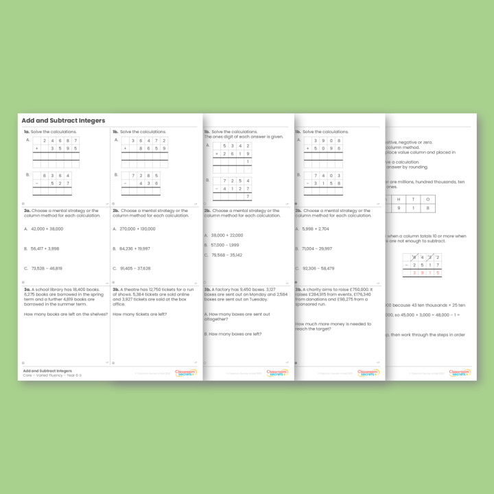 Year 6 Add and Subtract Integers Addition, Subtraction, Multiplication and Division Varied Fluency