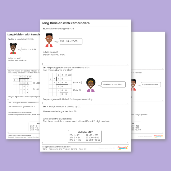 Year 6 Long Division with Remainders Addition, Subtraction, Multiplication and Division Reasoning and Problem Solving