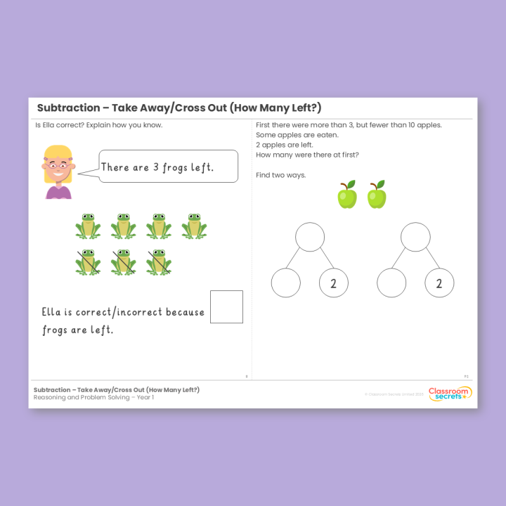 Year 1 Subtraction - Take Away/Cross Out (How Many Left?) Addition and Subtraction (within 10) Reasoning and Problem Solving