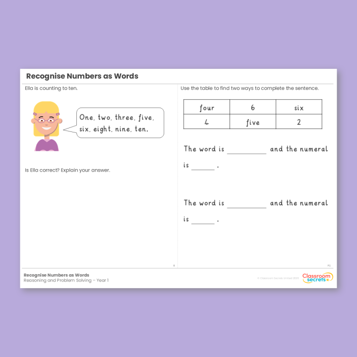 Year 1 Recognise Numbers as Words Place Value (within 10) Reasoning and Problem Solving