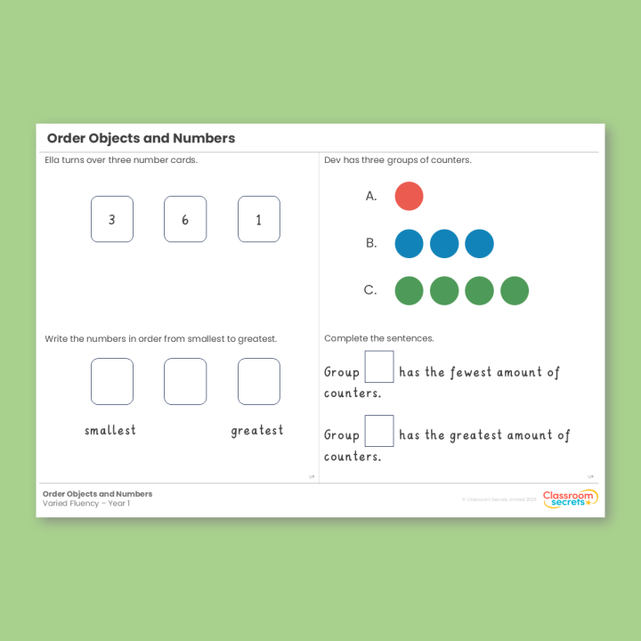 Year 1 Order Objects and Numbers Place Value (within 10) Varied Fluency