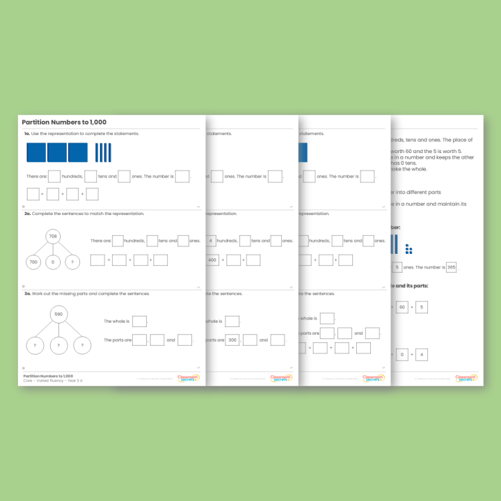 Year 3 Partition Numbers to 1,000 Place Value Varied Fluency