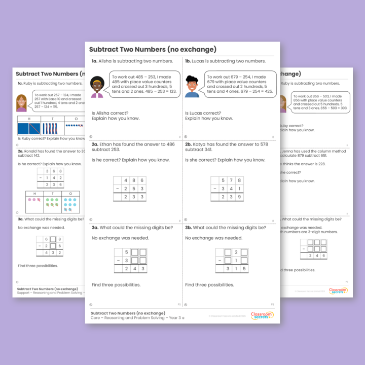 Year 3 Subtract Two Numbers (no exchange) Addition and Subtraction Reasoning and Problem Solving