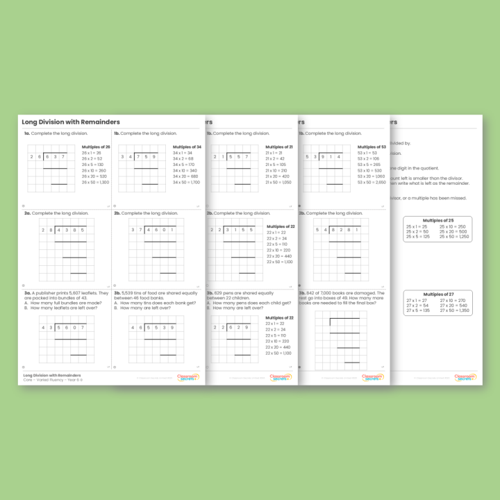 Year 6 Long Division with Remainders Addition, Subtraction, Multiplication and Division Varied Fluency