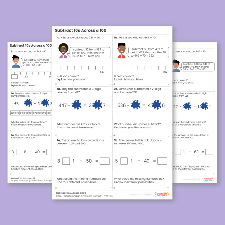 Year 3 Subtract 10s Across a 100 Addition and Subtraction Reasoning and Problem Solving