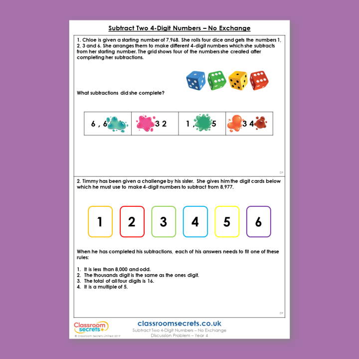 Year 4 Subtract Two 4-Digit Numbers - No Exchange Addition and Subtraction Deeper Reasoning Discussion Problem