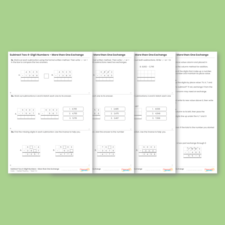 Year 4 Subtract Two 4-Digit Numbers - More than One Exchange Addition and Subtraction Varied Fluency