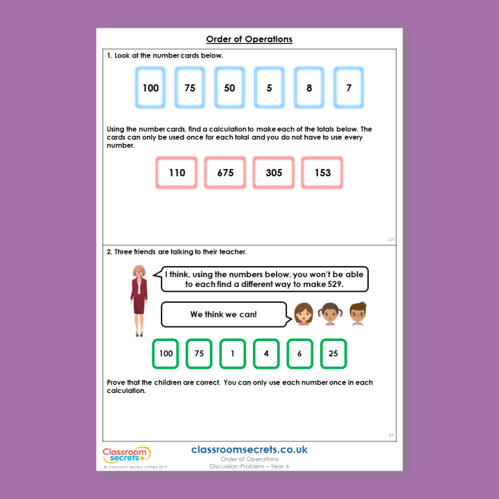 Year 6 Order of Operations Addition, Subtraction, Multiplication and Division Deeper Reasoning Discussion Problem