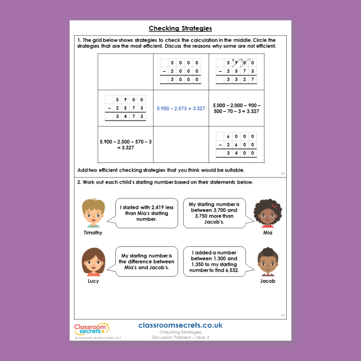 Year 4 Checking Strategies Addition and Subtraction Deeper Reasoning Discussion Problem