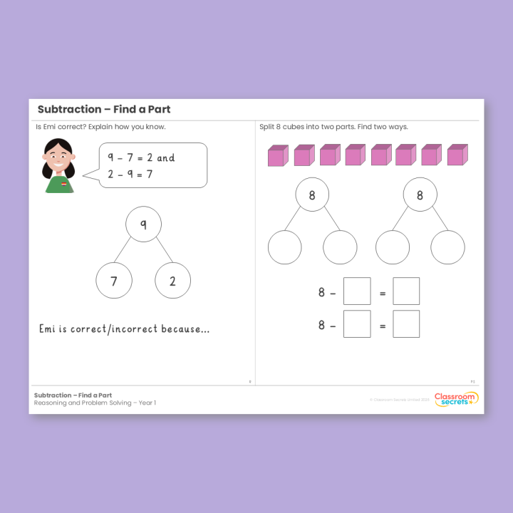 Year 1 Subtraction - Find a Part Addition and Subtraction (within 10) Reasoning and Problem Solving