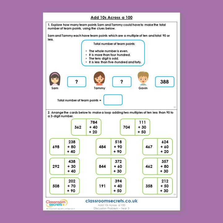 Year 3 Add 10s Across a 100 Addition and Subtraction Deeper Reasoning Discussion Problem