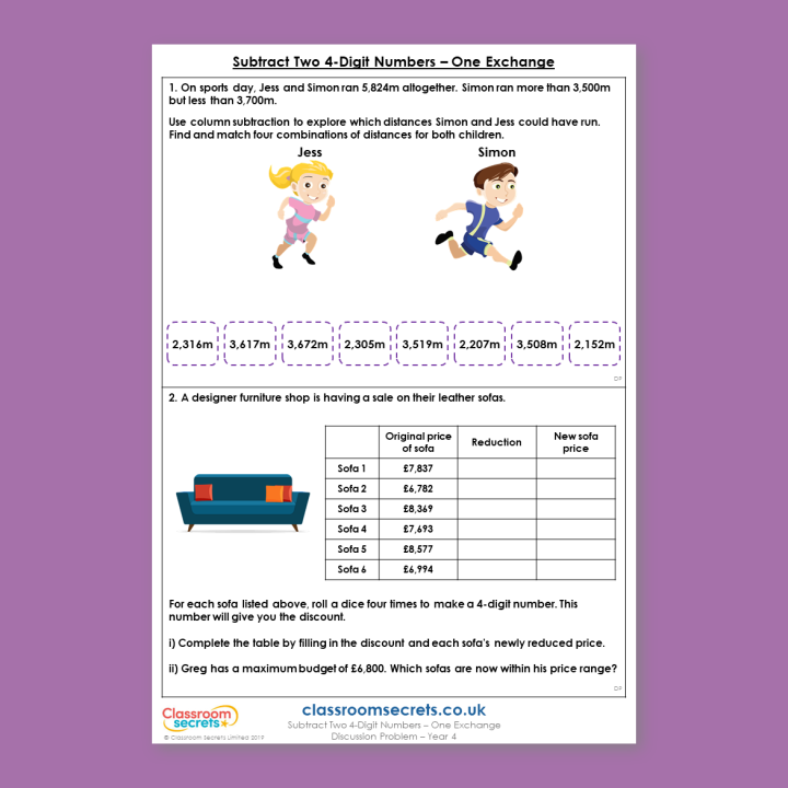 Year 4 Subtract Two 4-Digit Numbers - One Exchange Addition and Subtraction Deeper Reasoning Discussion Problem
