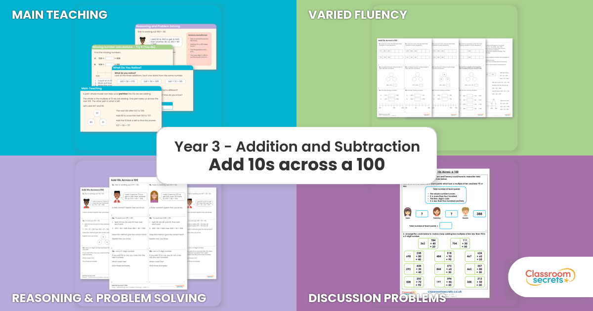 Summation Example Problems Add 10s across a 100 – Addition and Subtraction – Maths – Year 3 Lesson ...